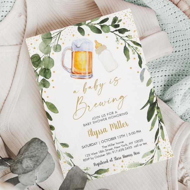 Baby Is Brewing Greenery Gold Baby Shower Invitation (Creator Uploaded)