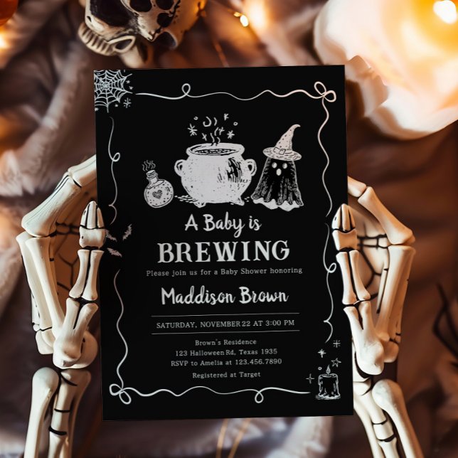 Baby is Brewing Halloween Baby Shower Invitation (Hand Drawn A Baby is Brewing Baby Shower Invitation)