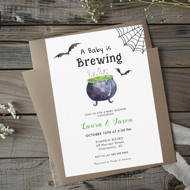 Baby is Brewing Halloween Cauldron Modern Baby Invitation (Creator Uploaded)