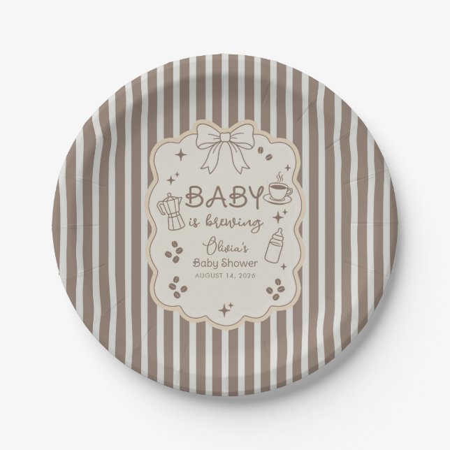 Baby is Brewing Latte Babyccino Coffee Baby Shower Paper Plate (Front)