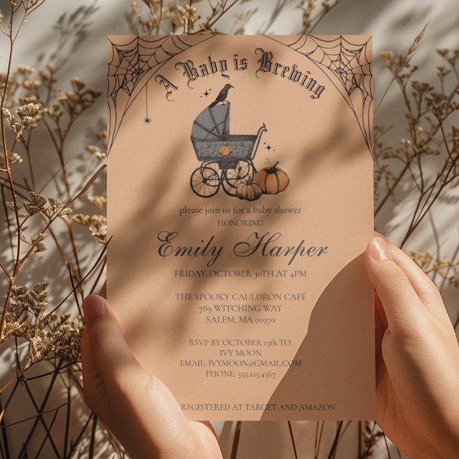 Baby is Brewing Orange Gothic Baby Shower Invitation (Gothic Halloween Baby Shower Invitation in Orange. Vintage Baby Carriage, Pumpkins, Webs, Raven)