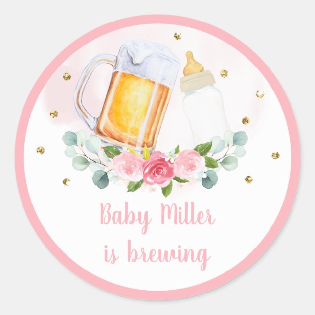 Baby Is Brewing Pink Gold Floral Baby Shower Classic Round Sticker (Front)