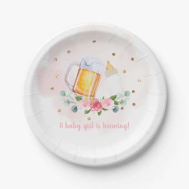 Baby Is Brewing Pink Gold Floral Baby Shower Paper Plate (Front)