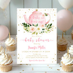 Baby Is Brewing Pink Gold Tea Baby Shower Invitation<br><div class="desc">This design features faux gold glitter confetti with a pink florals and teapot.</div>