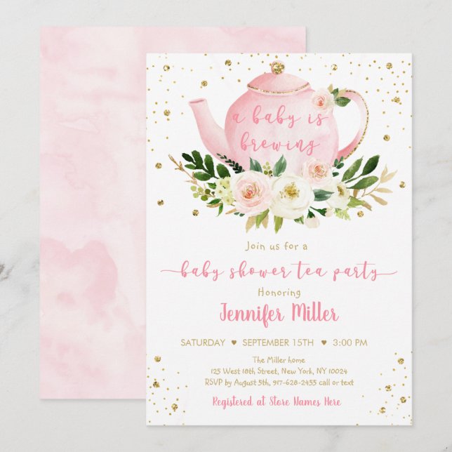 Baby Is Brewing Pink Gold Tea Party Baby Shower Invitation (Front/Back)