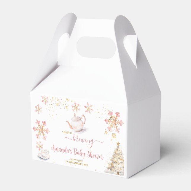 Baby Is Brewing Pink Winter Tea Party Baby Shower Favour Box (Front Side)
