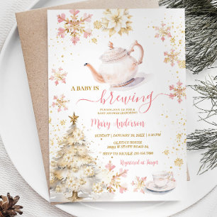 Baby Is Brewing Pink Winter Tea Party Baby Shower Invitation