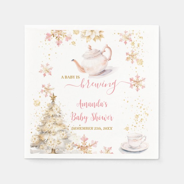 Baby Is Brewing Pink Winter Tea Party Baby Shower Napkin (Front)