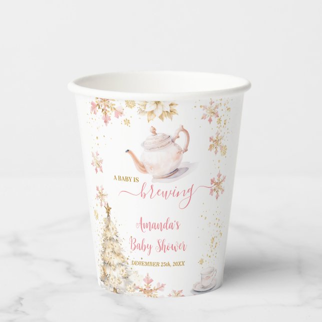 Baby Is Brewing Pink Winter Tea Party Baby Shower Paper Cups (Front)