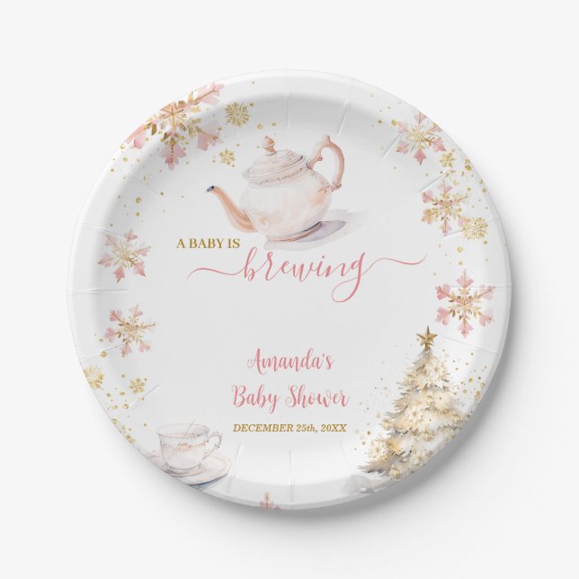 Baby Is Brewing Pink Winter Tea Party Baby Shower Paper Plate (Front)