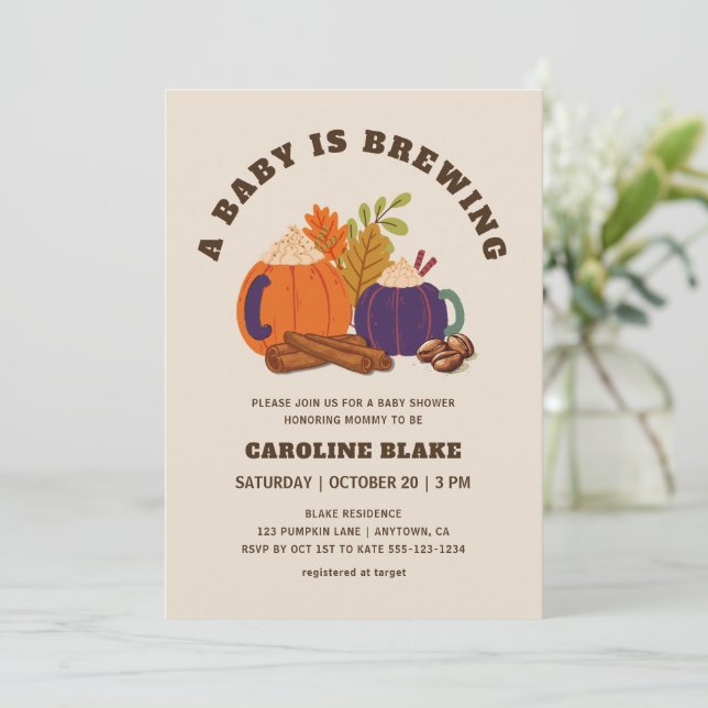 Baby Is Brewing Pumpkin Coffee Fall Baby Shower Invitation (Standing Front)