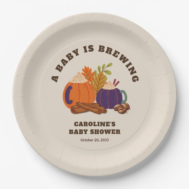 Baby Is Brewing Pumpkin Coffee Fall Baby Shower Paper Plate (Front)
