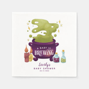 Baby Is Brewing Purple Green Halloween Baby Shower Napkin