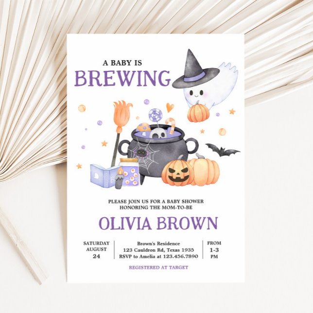 Baby is Brewing Purple Halloween Baby Shower  Invitation (Baby is Brewing Invitation)