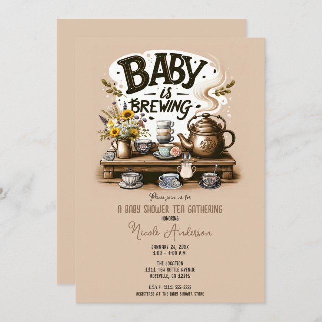 Baby is Brewing Rustic Tea Kettle Peach Shower Invitation (Front/Back)