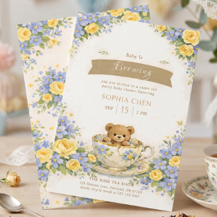 Baby is Brewing Whimsical Blue Yellow Floral Bear Invitation