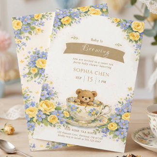 Baby is Brewing Whimsical Blue Yellow Floral Bear Invitation