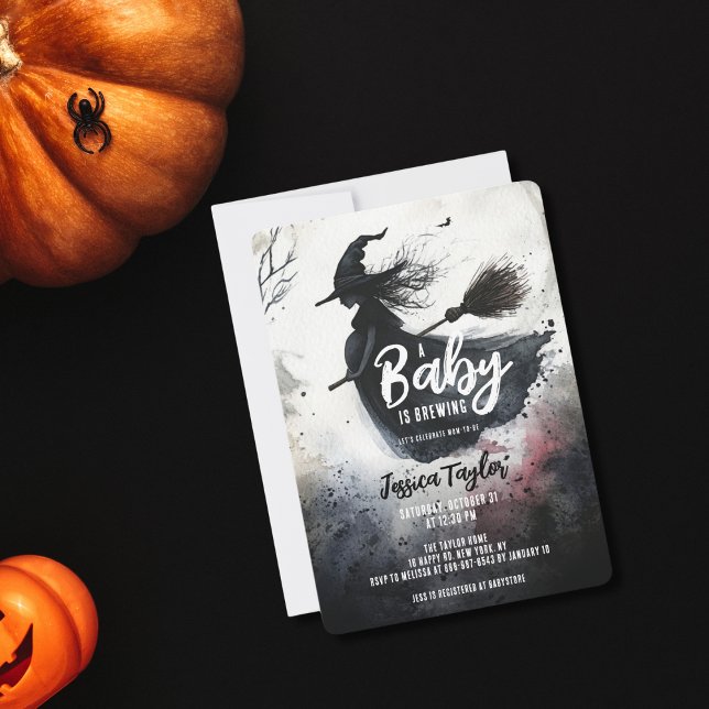 Baby is Brewing Witch Broom Spooky Watercolor Invitation (Creator Uploaded)