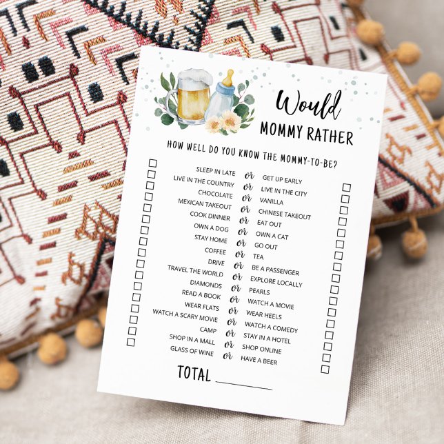 Baby Is Brewing Would Mummy Rather Game Card (Beer Sage Green Baby Shower Would Mommy Rather Game)