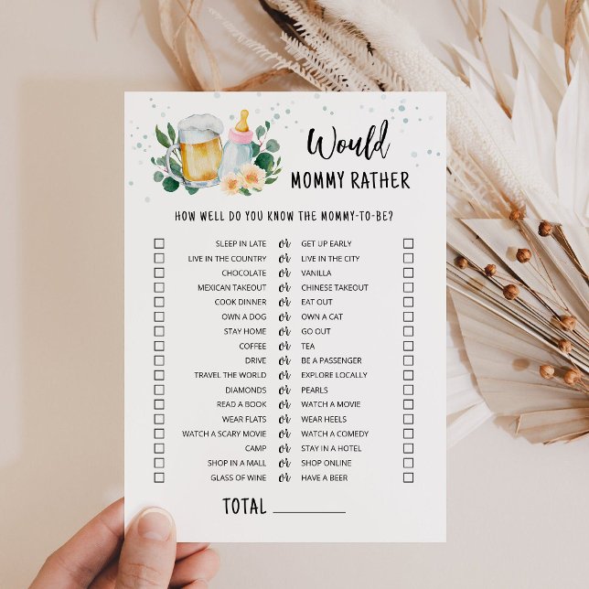 Baby Is Brewing Would Mummy Rather Game Card pink (Beer and Floral Baby is Brewing Baby Shower Would Mommy Rather Game Card)