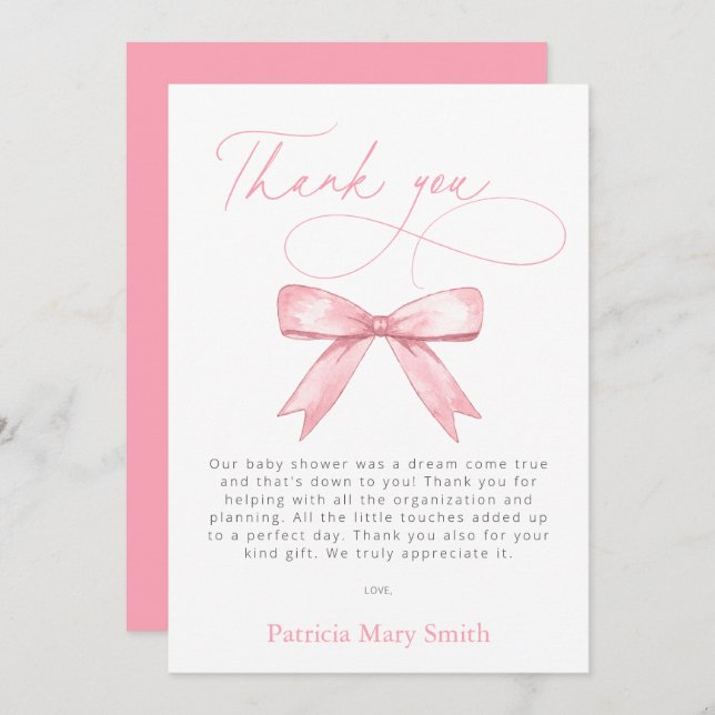 Baby Is on the WAY Pink Bow Girl Baby Shower Thank You Card (Front/Back)