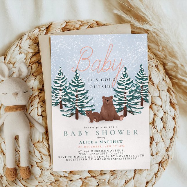 Baby It’s Cold Outside Pine Trees Bear Baby Shower Invitation (Creator Uploaded)