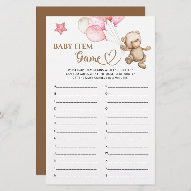 Baby Item Game Teddy Bear Baby Shower (Front/Back)