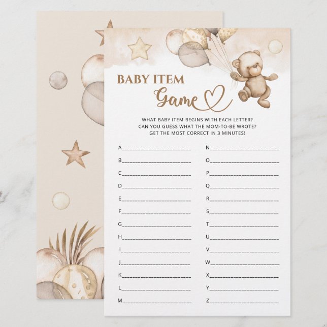 Baby Item Game Teddy Bear Baby Shower (Front/Back)
