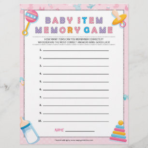 Baby Item Memory Game [Baby Basics Pink] Custom Letterhead
