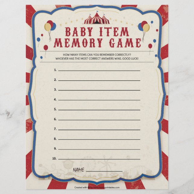 Baby Item Memory Game [Circus Theme] Custom Letterhead (Front)