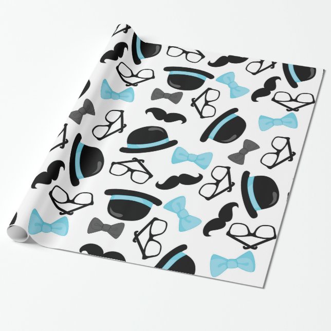 Baby It's a Boy Blue Moustache Little Man Wrapping Paper (Unrolled)
