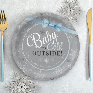 Baby It's Cold Blue & Grey Snowflake Boy Shower Paper Plate