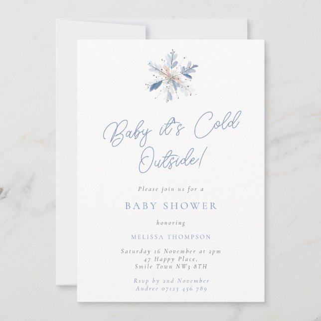 Baby It's Cold Blue & White Snowflake Baby Shower Invitation (Front)