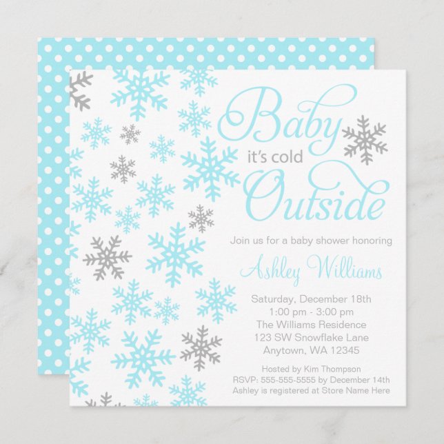 Baby It's Cold Outside Aqua Grey Baby Shower Invitation (Front/Back)