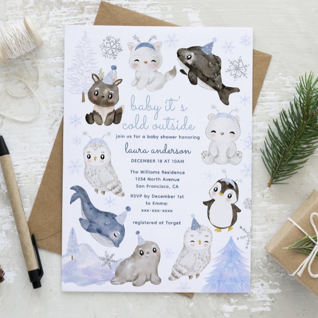 Baby It's Cold Outside Arctic Animals Baby Shower Invitation (Winter Wonderland Baby It's cold Outside Card with blue watercolor animals. Image from freepik)