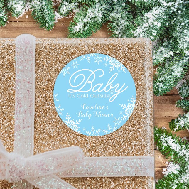 Baby It's Cold Outside Baby Boy Shower Snowflakes Classic Round Sticker (Creator Uploaded)