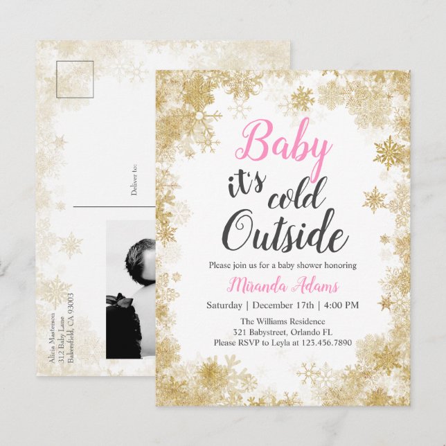 Baby it's cold outside  Baby Girl Baby Shower Invitation Postcard (Front/Back)