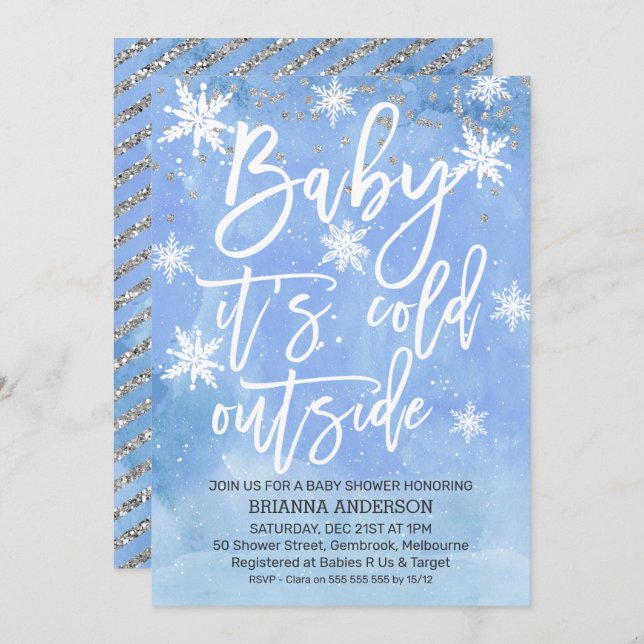 Baby it's cold outside blue baby shower invitation (Front/Back)
