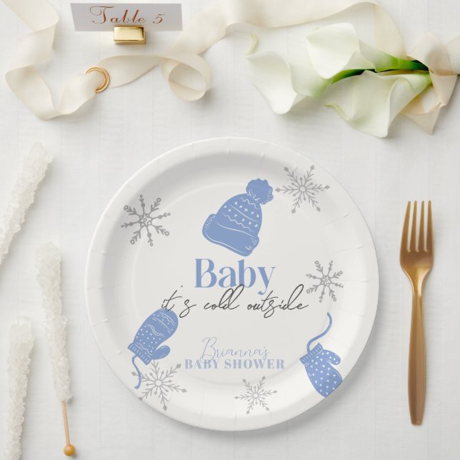 Baby It's Cold Outside Blue Beanie Boy Baby Shower Paper Plate (Wedding)