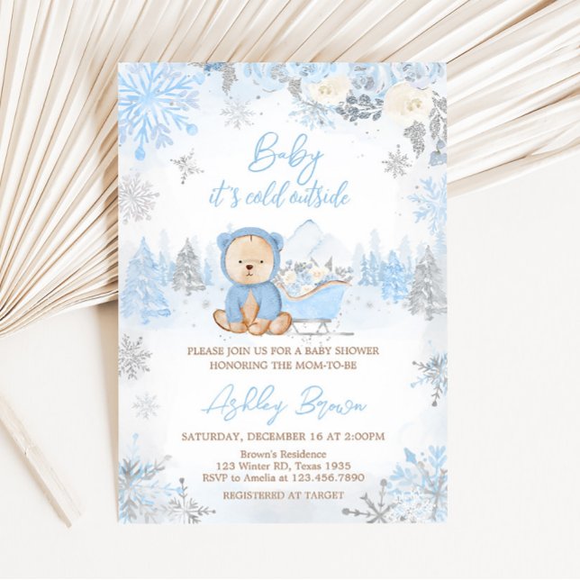 Baby Its Cold Outside Blue Bear Baby Shower  Invitation (Blue Winter Bear Baby Shower Invitation )