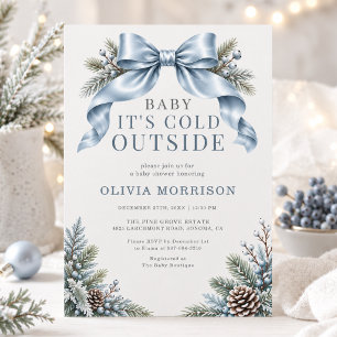 Baby It's Cold Outside Blue Bow Baby Shower Invitation