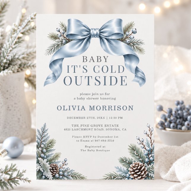 Baby It's Cold Outside Blue Bow Baby Shower Invitation (Creator Uploaded)