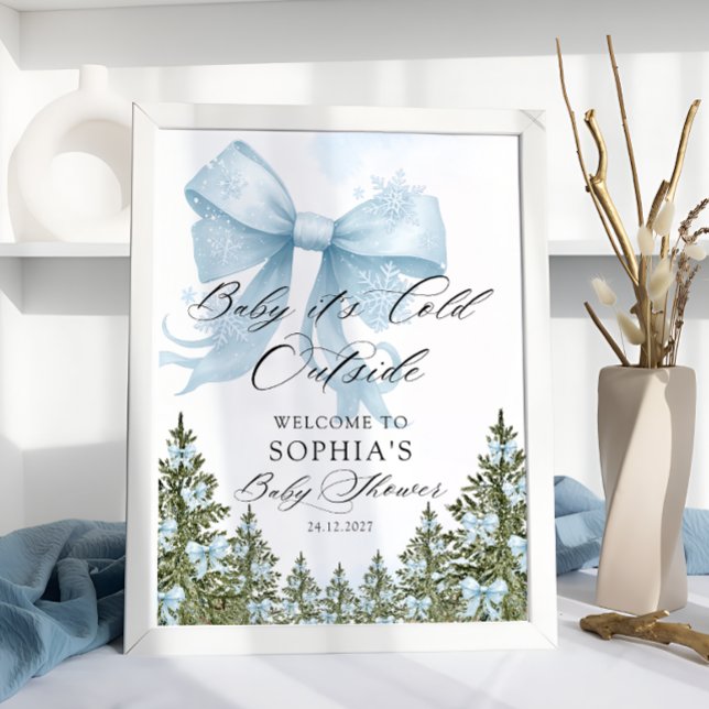 Baby Its Cold Outside Blue Bow Baby Shower Welcome Poster (Creator Uploaded)