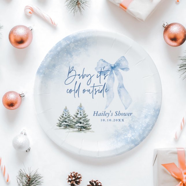 Baby Its Cold Outside, Blue Bow Winter Baby Shower Paper Plate (Creator Uploaded)
