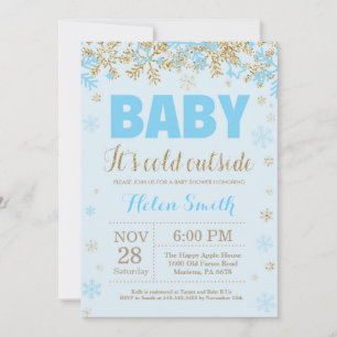 Baby its Cold Outside Blue Gold Boy Baby Shower Invitation