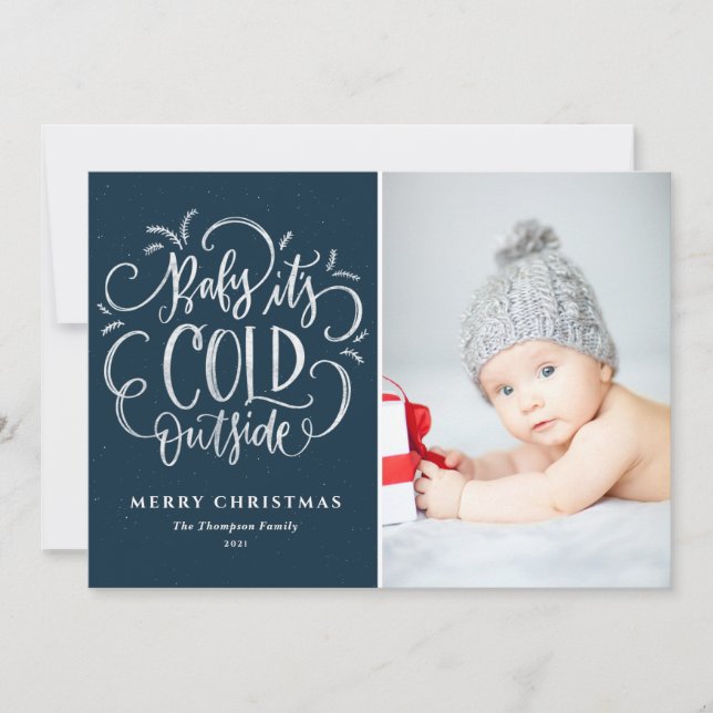 Baby It's Cold Outside Blue Merry Christmas Photo Holiday Card (Front)
