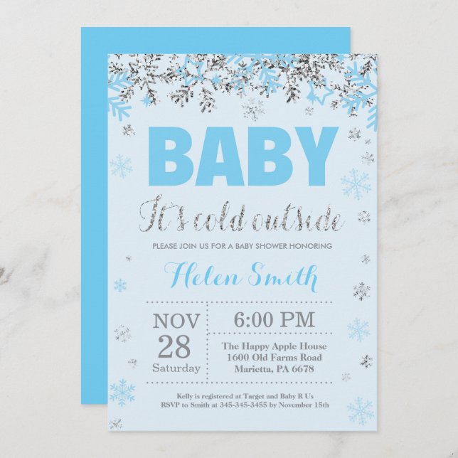 Baby its Cold Outside Blue Silver Boy Baby Shower Invitation (Front/Back)