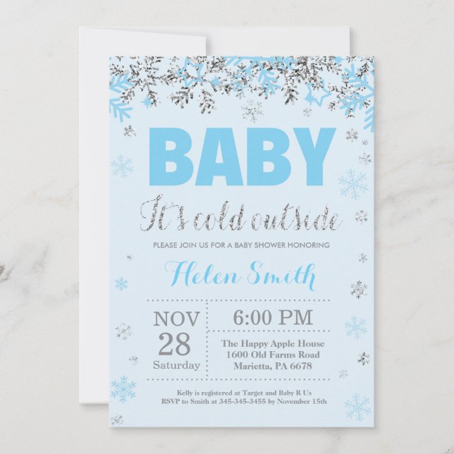 Baby its Cold Outside Blue Silver Boy Baby Shower Invitation (Front)