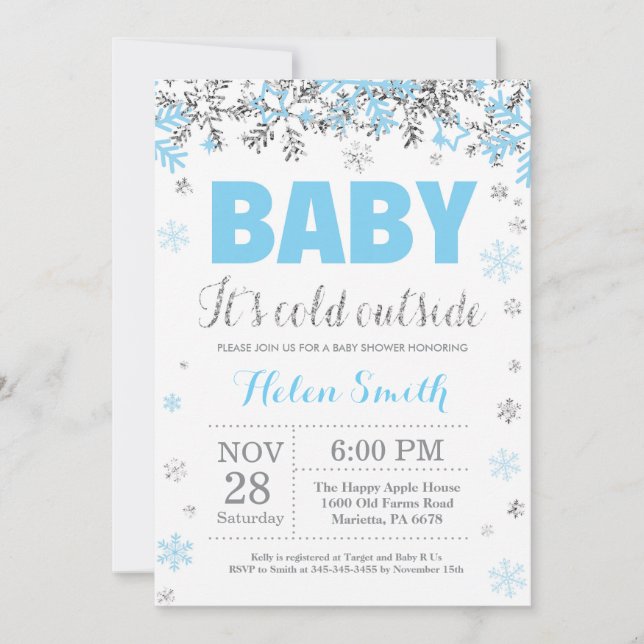 Baby its Cold Outside Blue Silver Boy Baby Shower Invitation (Front)
