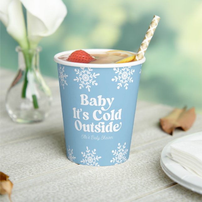 Baby It's Cold Outside Blue Snowflake Baby Shower Paper Cups (Insitu)